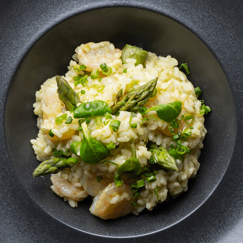 Spargelrisotto mit Garnelen, grünem Spargel und frischen Kräutern in schwarzer Schale (Serviervorschlag)
