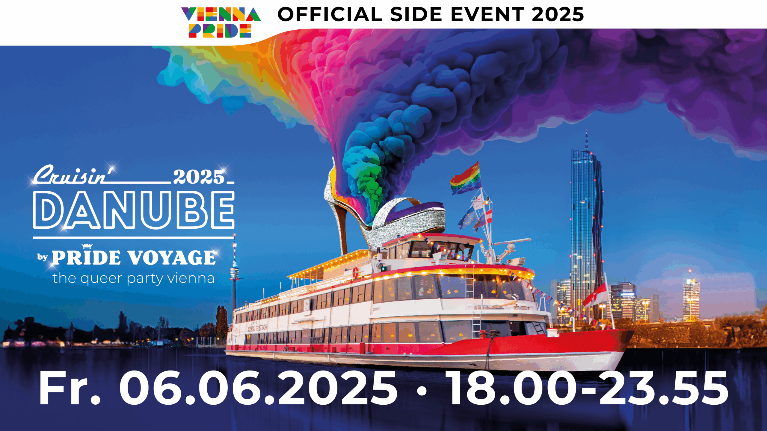 Partyboot bei Nacht mit Regenbogenschuh und Pride-Rauch über Wien – Veranstaltung »Cruisin’ Danube 2025« der Pride Voyage