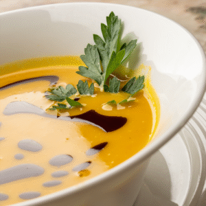 Weiße Schale mit cremiger Kürbiscremesuppe, dekoriert mit Kürbiskernöl und Petersilie (Serviervorschlag)