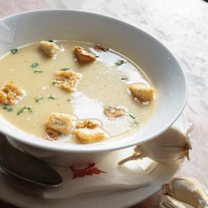 Weiße Schale mit cremiger Knoblauchcremesuppe, garniert mit Croutons und Schnittlauch (Serviervorschlag)