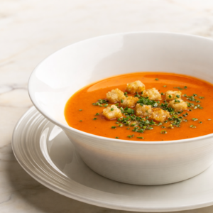 Paradeiser-Cremesuppe mit goldenen Croutons und frischen Kräutern (Serviervorschlag)