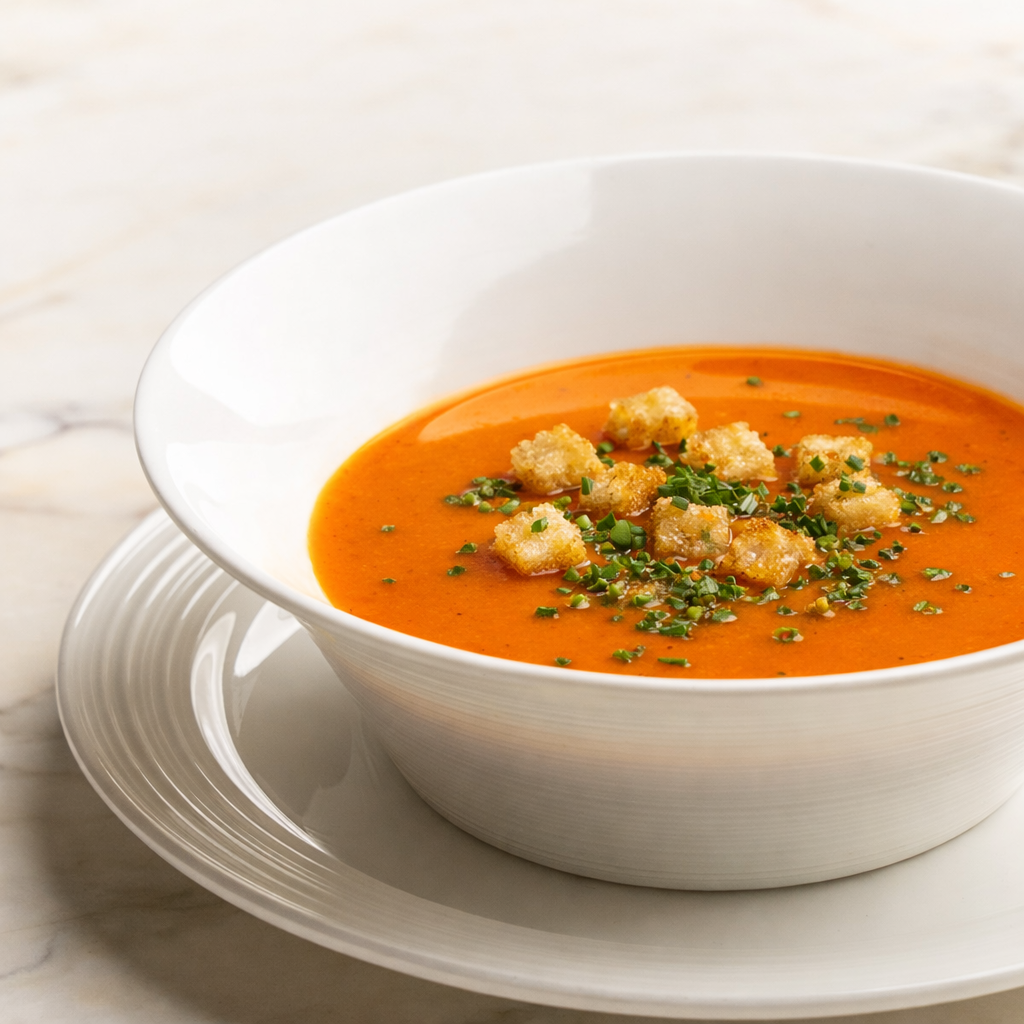 Paradeiser-Cremesuppe mit goldenen Croutons und frischen Kräutern (Serviervorschlag)