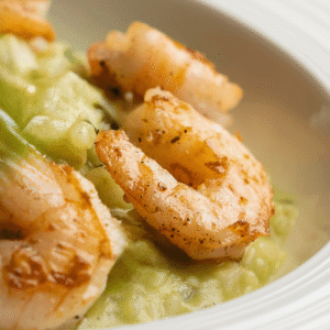 Bärlauchrisotto mit Garnelen in weißer Schale, garniert mit frischem Bärlauch (Serviervorschlag)