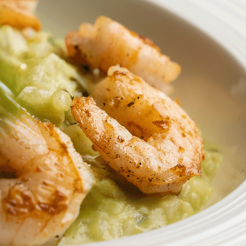 Bärlauchrisotto mit Garnelen in weißer Schale, garniert mit frischem Bärlauch (Serviervorschlag)