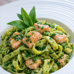 Tagliatelle mit Lachs und Bärlauchpesto in weißer Schale angerichtet, frisch und aromatisch (Serviervorschlag)