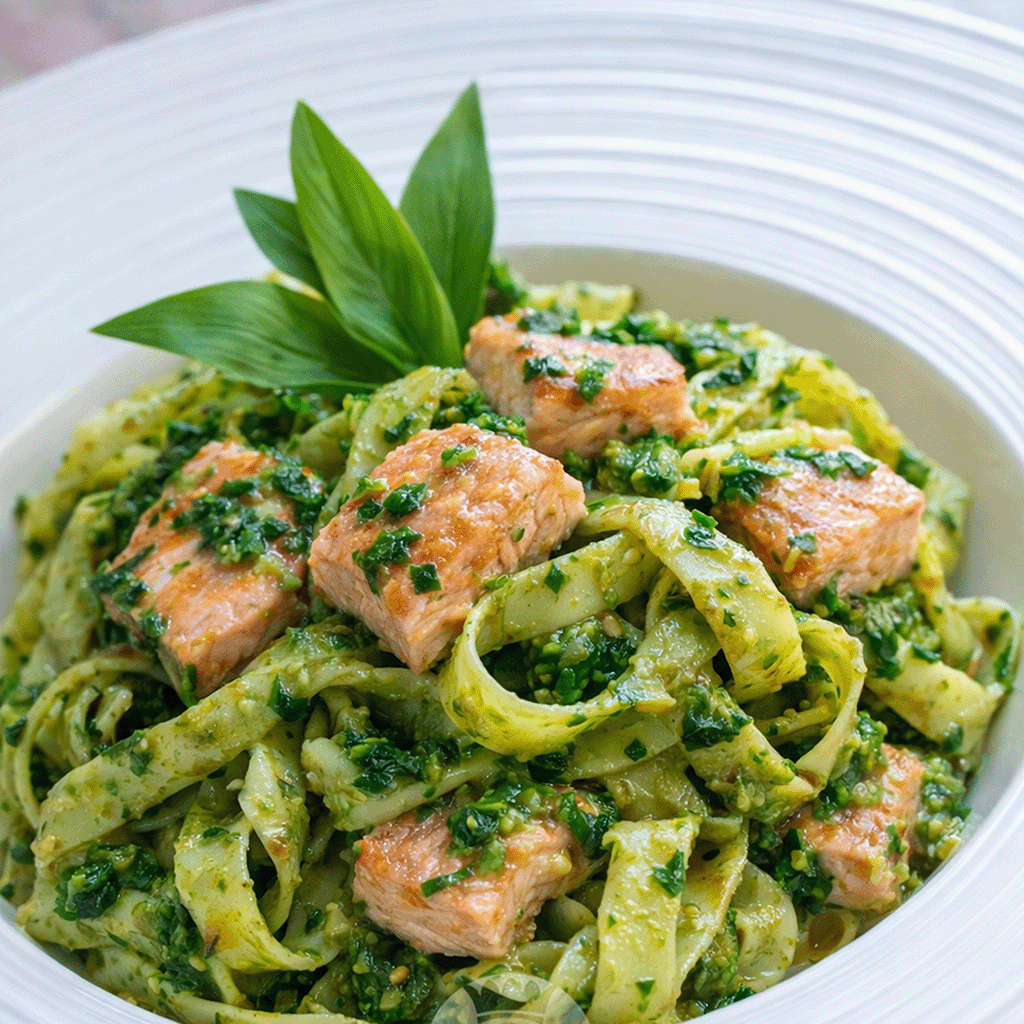 Tagliatelle mit Lachs und Bärlauchpesto in weißer Schale angerichtet, frisch und aromatisch (Serviervorschlag)