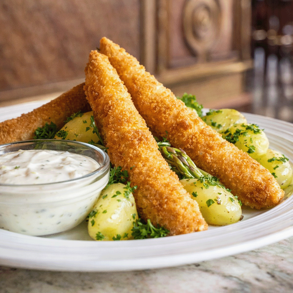 Knusprig Gebackener Spargel mit Goldbrauner Panade, Petersilienerdäpfeln und Cremiger Sauce Tartare auf weißem Teller Im Ambiente des Café Savoy serviert (Serviervorschlag)