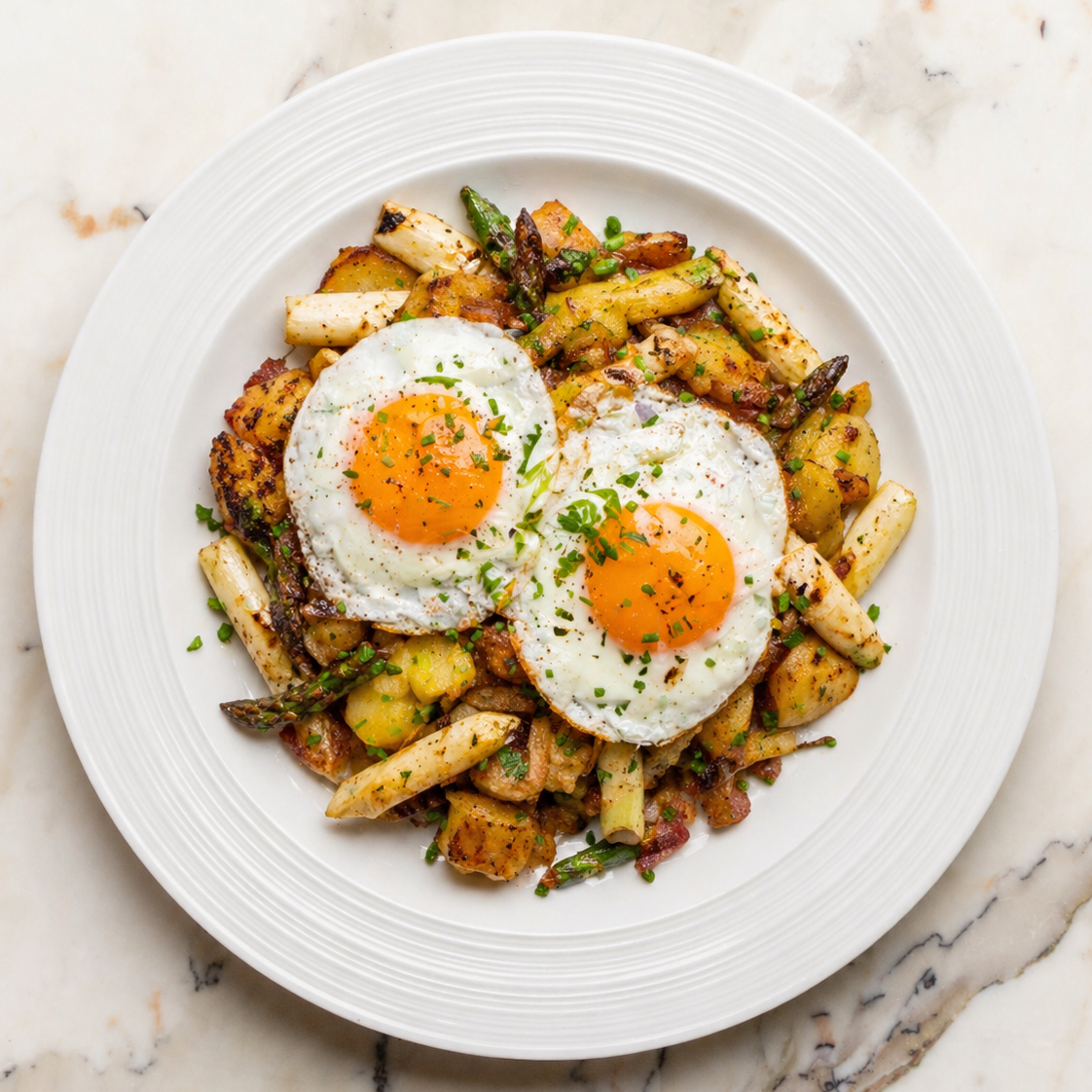 Spargelgröstl mit zwei Spiegeleiern, knusprig gebratenen Erdäpfeln und grünem sowie weißem Spargel auf weißem Teller angerichtet (Serviervorschlag)