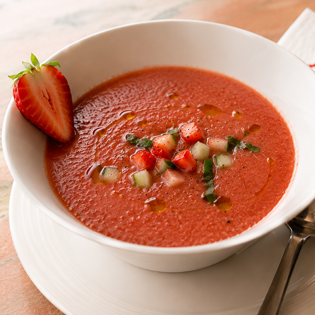 Erdbeer-Gazpacho mit frischen Erdbeer- und Gurkenwürfeln, Basilikum und Erdbeerhälfte in weißer Schale auf Marmortisch serviert (Serviervorschlag)