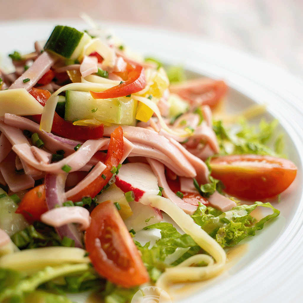 Bunter Wurstsalat mit Wurststreifen, Emmentaler, Gurken, Paprika, Radieschen und Blattsalat. (Serviervorschlag)